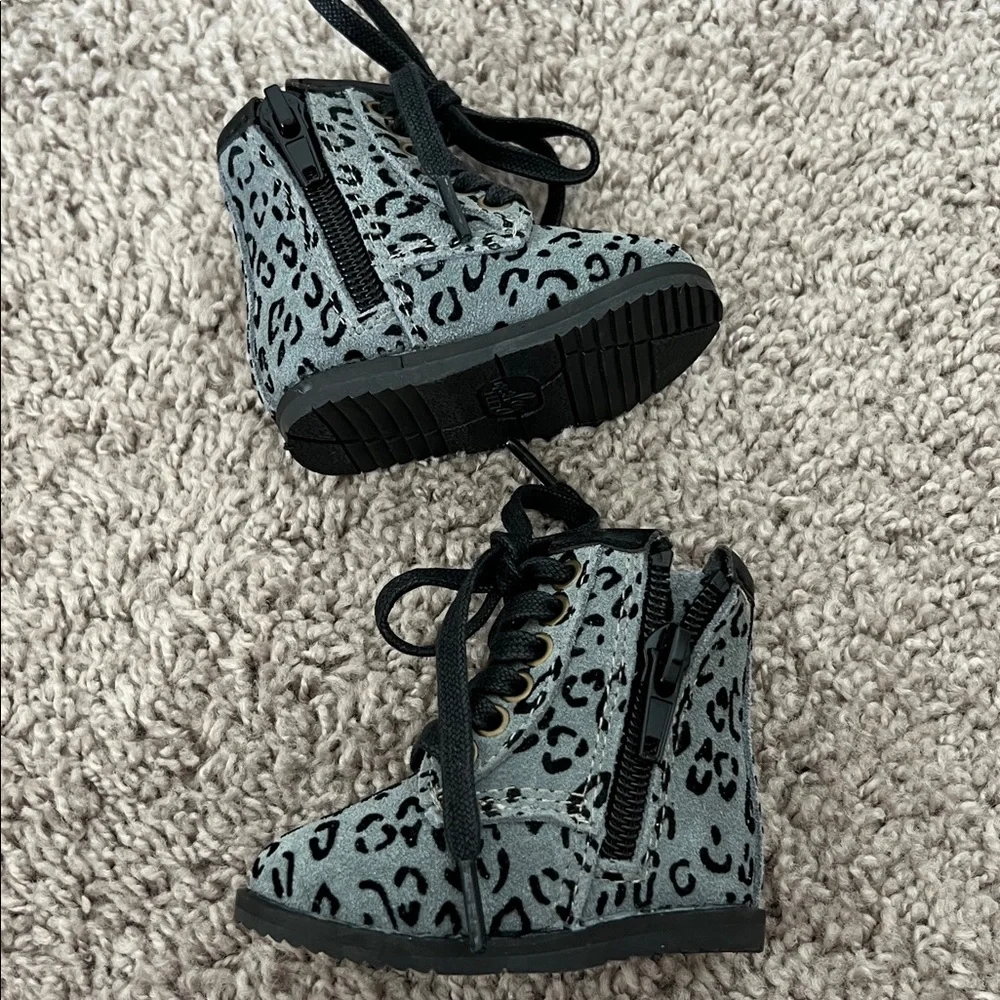 Monkey Feet Lace Up Leather Grey Cheetah Print Boots
